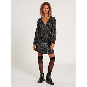 Volcom Dot Flower Trip Bellowed Sleeves Self Belt Tie Drapey Mini Wrap Dress 12